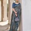 Ready To Wear Blue Silk Printed Saree - Image 7