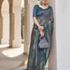 Ready To Wear Blue Silk Printed Saree - Image 6