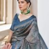 Ready To Wear Blue Silk Printed Saree - Image 5