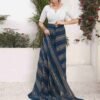 Ready To Wear Sea Blue Georgette Plain Printed Saree - Image 7