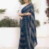 Ready To Wear Sea Blue Georgette Plain Printed Saree
