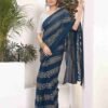 Ready To Wear Sea Blue Georgette Plain Printed Saree - Image 4