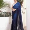Ready To Wear Navy Blue Georgette Plain Saree