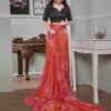 Ready To Wear Coral Red Georgette Printed Saree - Image 4