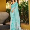Turquoise Blue Printed Chiffon Saree - Image 4