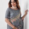 Steel Grey Printed Silk Saree - Image 5
