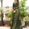 Dark Olive Green Printed Chiffon Saree - Image 4