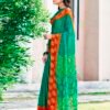 Teal Green Cotton Printed Sarees - Image 2