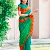 Teal Green Cotton Printed Sarees - Image 5