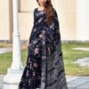 Navy Blue Silk Printed Saree