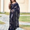 Navy Blue Silk Printed Saree - Image 3