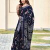Navy Blue Silk Printed Saree - Image 4
