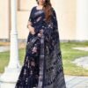 Navy Blue Silk Printed Saree - Image 5