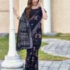 Navy Blue Silk Printed Saree - Image 6