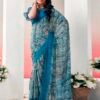 Teal Blue Chiffon Printed  Saree