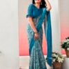 Teal Blue Chiffon Printed  Saree - Image 4