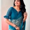 Teal Blue Chiffon Printed  Saree - Image 5
