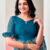 Teal Blue Chiffon Printed  Saree - Image 6