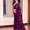 Deep Purple Georgette Embroidery Saree - Image 3