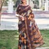 Dark Brown Cotton Printed Saree