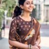 Dark Brown Cotton Printed Saree - Image 6