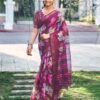 Dark Purple Cotton Printed Saree - Image 4