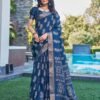 Dark Blue Silk Printed Saree - Image 2
