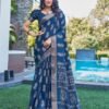 Dark Blue Silk Printed Saree - Image 4