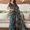 Green Printed Georgette Woven Saree - Image 3