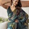 Green Printed Georgette Woven Saree - Image 2