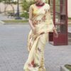Cream Printed Satin Saree