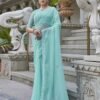 Turquoise Swarovski Georgette Stone Work Saree - Image 7