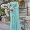 Turquoise Swarovski Georgette Stone Work Saree - Image 6
