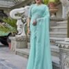 Turquoise Swarovski Georgette Stone Work Saree - Image 5