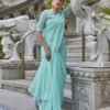 Turquoise Swarovski Georgette Stone Work Saree - Image 4
