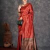 Maroon Banarasi Silk Woven Saree With Tassels - Image 4