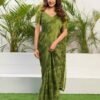 Olive Green Chiffon Printed Saree - Image 3