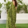 Olive Green Chiffon Printed Saree - Image 4