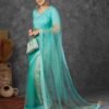 Pale Turquoise Net Plain Printed Saree - Image 2