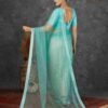 Pale Turquoise Net Plain Printed Saree - Image 3