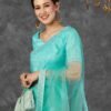 Pale Turquoise Net Plain Printed Saree - Image 4