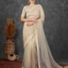 Light Beige Net Plain Printed Saree