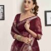 Maroon Organza Printed Woven Saree - Image 5