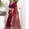 Maroon Organza Printed Woven Saree - Image 2