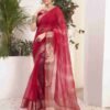 Dark Pink Organza Printed Woven Saree
