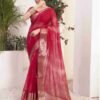 Dark Pink Organza Printed Woven Saree - Image 2