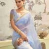 Blue Organza Printed Woven Saree - Image 5