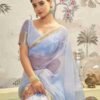 Blue Organza Printed Woven Saree - Image 4