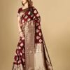 Maroon Jacquard Banarasi Silk Saree - Image 3