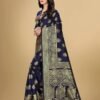 Navy Blue Jacquard Banarasi Silk Saree - Image 3